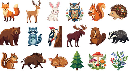 Fototapeta premium Woodland forest animals and wildlife vector character set featuring fox deer bear owl and mushrooms isolated on white background