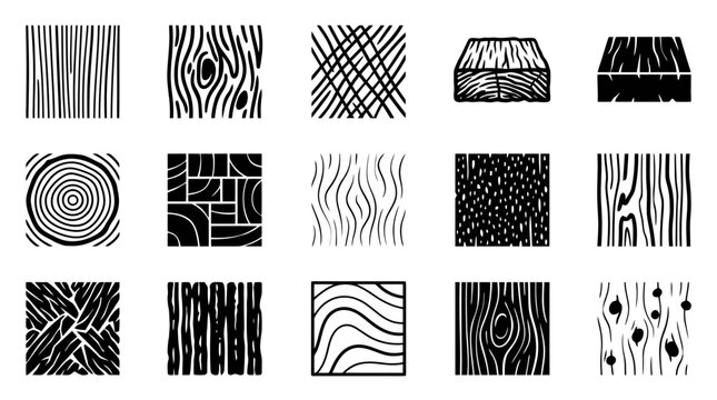 Collection of various abstract wood grain patterns and textures in black and white.