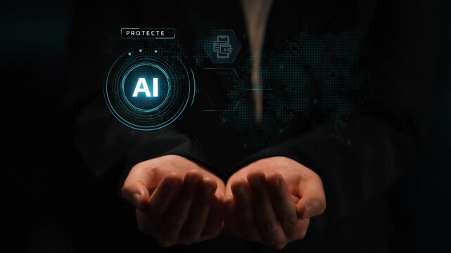 Hands Open in Front of Digital Interface Representing Artificial Intelligence Security and Data Protection Concepts in Modern Technology. Entropy.