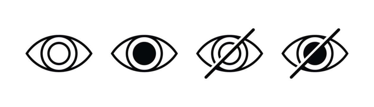 Simple eye hide icon ideal for design and editing software for security symbol. Black visible and invisible eyes vector art elements isolated on white background.