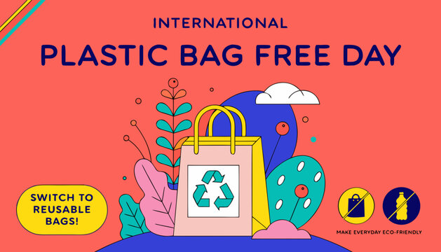 International Plastic Bag Free Day, eco-friendly reusable bags, recycling symbols, sustainable living icons, vector illustration