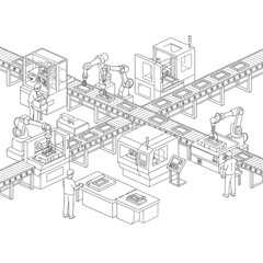 Obraz premium Isometric illustration of a modern automated factory production line with robotic arm assembly