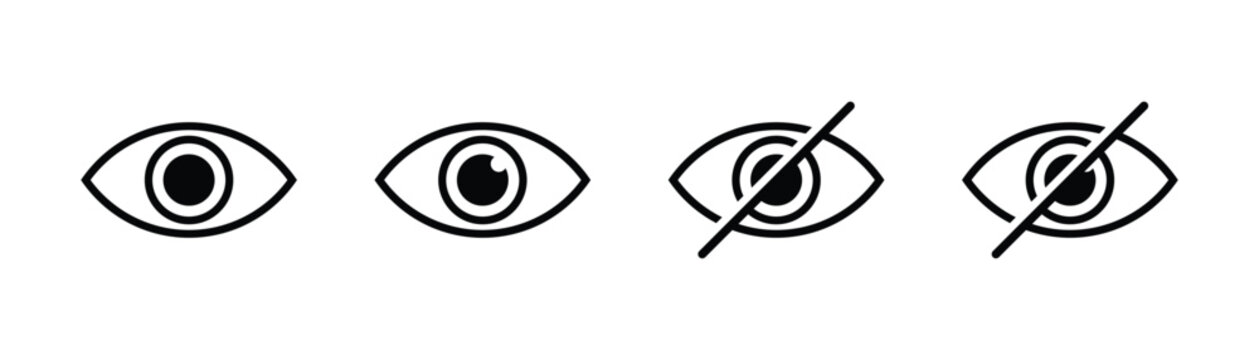 Black visible and invisible eye symbols for show and hide password. Password hide and unhide vector icon.