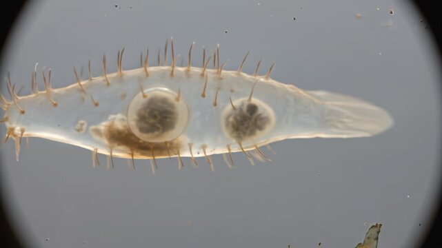Real microscopy footage, phase contrast microscope view at 400x magnification. A single paramecium (slipper-shaped ciliate) gliding smoothly through water, thousands of tiny cilia beating in coordinat