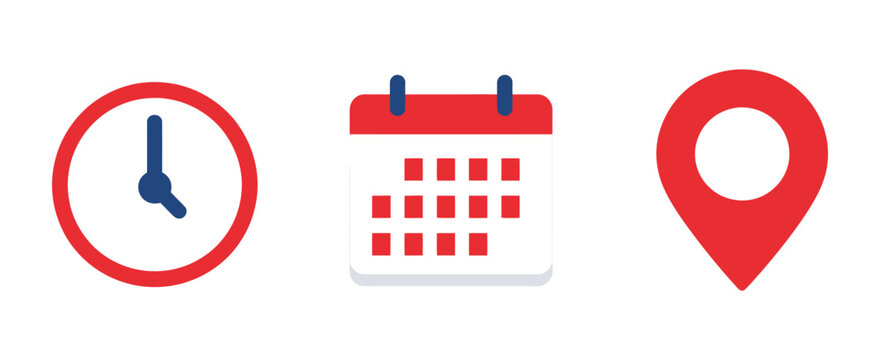 Time date location icon set, calendar clock and map pin symbols for scheduling navigation and business applications