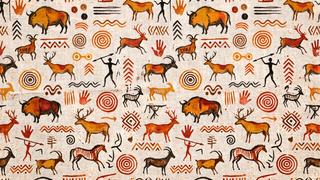 Abstract prehistoric cave painting symbols primitive art naive style hand drawn texture earth tones ancient energy textile fabric pattern
