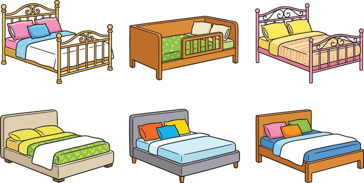 Vector illustration of different bed designs including ornate metal frames, crib, and modern upholstered or wooden styles