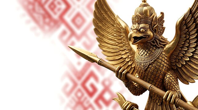 Golden garuda mythological bird statue holding a spear