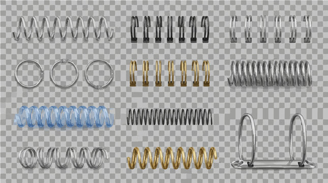 Realistic metal and plastic spiral binder rings set for notebook, calendar, and document binding on transparent background.
