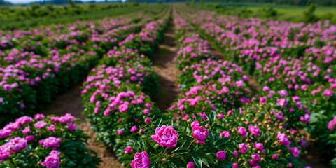 Fototapeta premium Dramatic flower landscape showcasing purple and white blooms across a countryside field in full seasonal color.