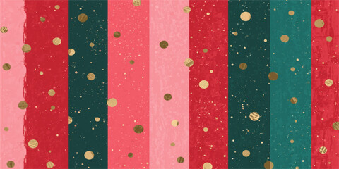 Christmas color vertical stripes background with gold glitter confetti and watercolor texture © Abdul