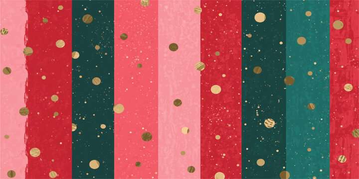 Christmas color vertical stripes background with gold glitter confetti and watercolor texture