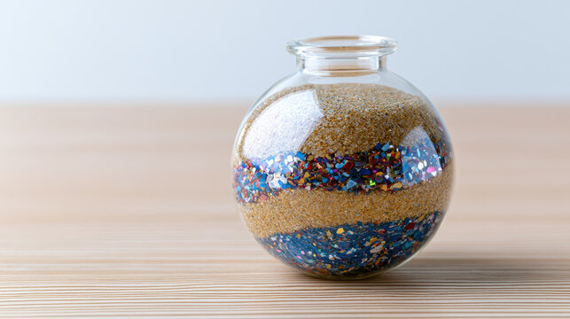 Glass jar sand layer colorful fragment natural sand plastic fragment wood desk soft light copy space minimalist scene still life