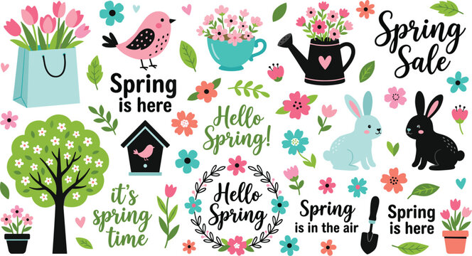 Beautiful Spring Season Vector Elements and Quotes Set with Flowers, Cute Animals, Birds, and Gardening Icons for Greeting Cards and Banner Designs