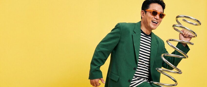 Happy Asian man green suit holding chrome spiral spring sculpture, laughing on vibrant yellow background. Fashionable mature male model in retro sunglasses posing with funny playful concept in studio