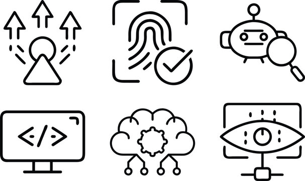 Interface design icons featuring identification software development and analytical imaging.