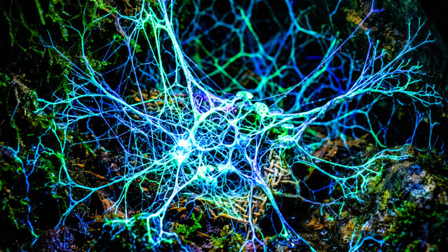 Hyper detailed organic mycelium structure network vibrant neon bioluminescence complex nature intertwined connecting filaments sustainable future textile