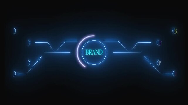 Neon brand circle with blue glow on dark background. Creative neon brand circle for corporate identity layouts. Abstract neon brand circle graphic template.