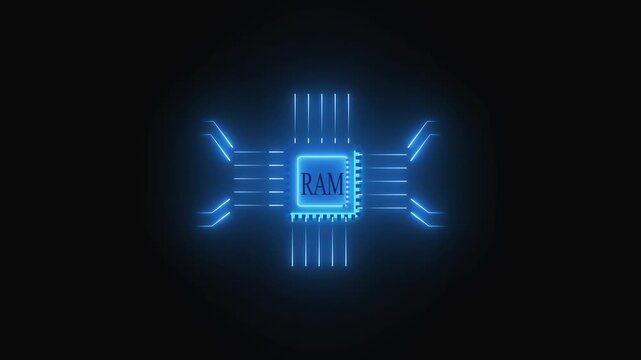 Glowing blue RAM chip icon with circuit lines. Technical glowing blue RAM chip icon for computer memory. Digital glowing blue RAM chip icon on black background.