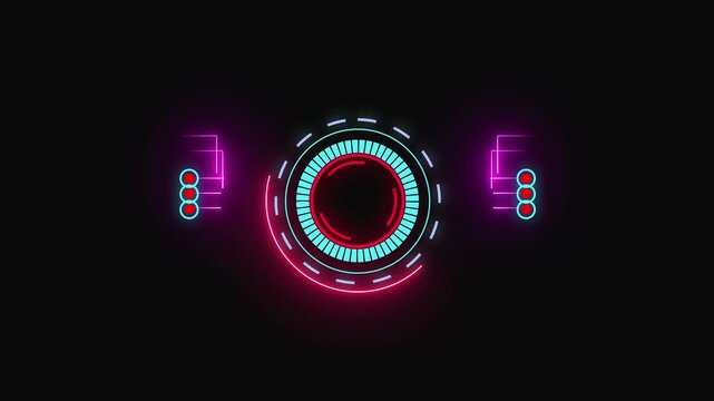 Futuristic circular interface with neon lights on black background. High tech futuristic circular interface for software development. Modern futuristic circular interface dashboard.