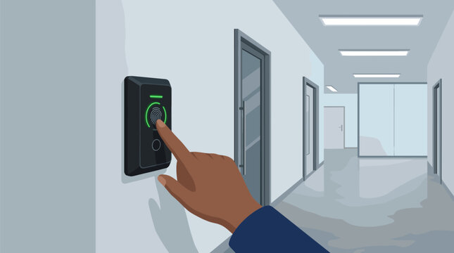 Hand tapping wall access control reader in modern hallway, hand, access, reader, security, touch, wall, hallway, device, entry,