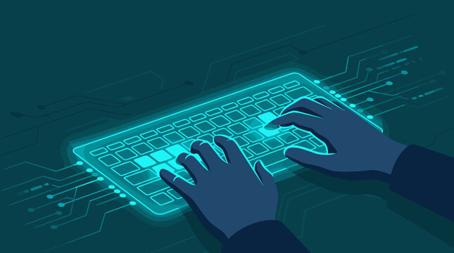 Hands typing on glowing digital interface in dark technology environment, hands, typing, interface, digital, keyboard, technology,