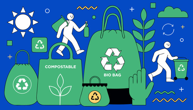 Eco friendly bags, bio degradable shopping bags, compostable packaging, green recycling icons