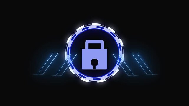 Futuristic digital padlock icon with glowing blue ring. Safe futuristic digital padlock icon for system authorization. Modern futuristic digital padlock icon on black background.