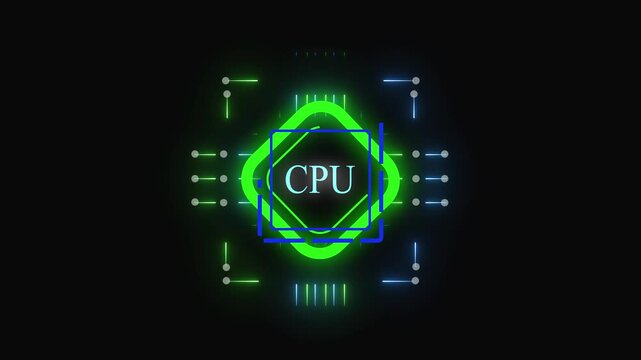 Abstract CPU chip icon with neon green and blue glow. High tech abstract CPU chip icon for electronic circuit architecture. Industrial abstract CPU chip icon on dark background.