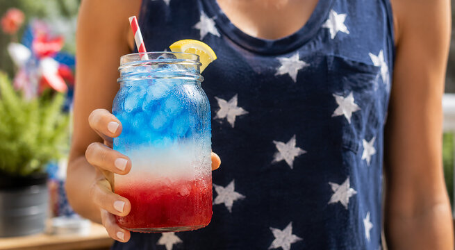 Woman wearing patriotic shirt holds layered red white and blue drink with straw and lemon on festive background.