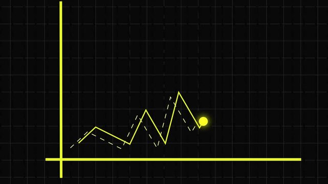 Yellow line graph with dashed line on dark grid background. Statistical yellow line graph with dashed line for mathematical data analysis. Technical yellow line graph with dashed line visualization.