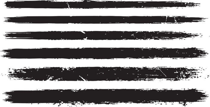 Five horizontal black brush strokes isolated on white background artistic texture elements