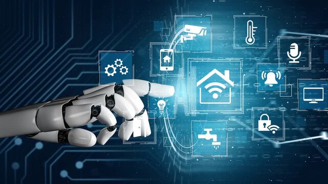 Futuristic Robot Hand Interacting with Smart Home Technology and Digital Icons Representing Internet of Things Concept. Entropy.