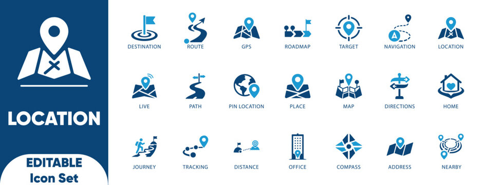 Location icon set. compass, live, map, target, change, illustration, and editable icons.