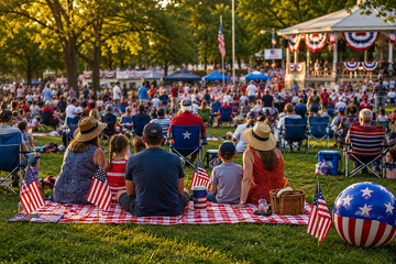 Group of happy people on picnic blanket with family during outdoor celebration on independence day. © NabinGraphix