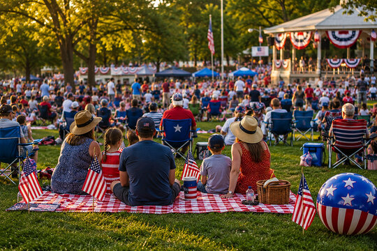 Group of happy people on picnic blanket with family during outdoor celebration on independence day.