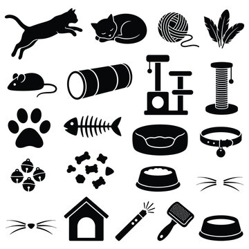 Pet activity and grooming icons set including cat tunnel laser pointer and brush symbols