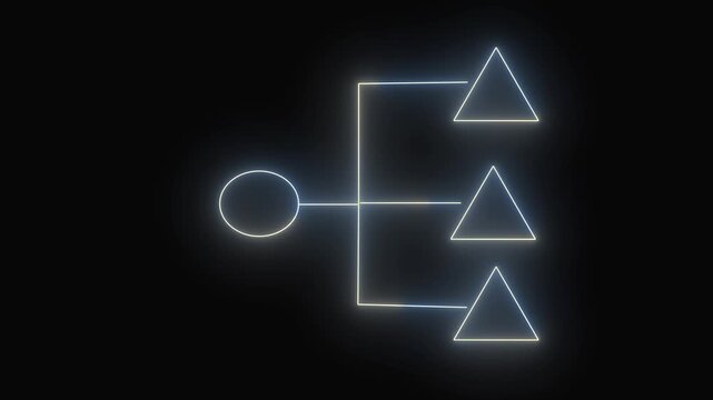 Neon flowchart diagram with circle and three triangles on black. Technical neon flowchart diagram for database structural data maps. Modern neon flowchart diagram visualization.