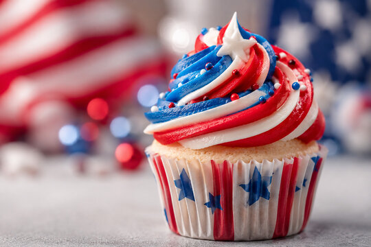 Close up shot of patriotic cupcake decorated with red white and blue frosting and stars for holiday.