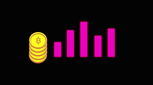 Stack of bitcoin coins with pink bar graph background. Financial stack of bitcoin coins with pink bar graph for crypto markets. Digital stack of bitcoin coins with pink bar graph.