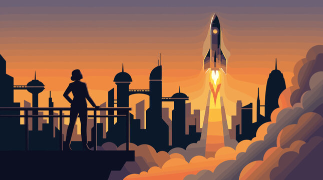 Rocket launching behind silhouetted person in futuristic city, rocket, launch, silhouette, person, city, smoke, startup, ambition,