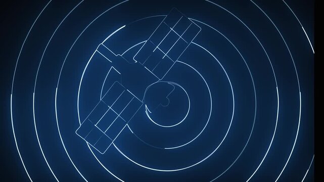 Satellite orbiting earth with blue signal waves in space. Global satellite orbiting earth with blue signal waves for wireless broadband. Tech satellite orbiting earth with blue signal waves.
