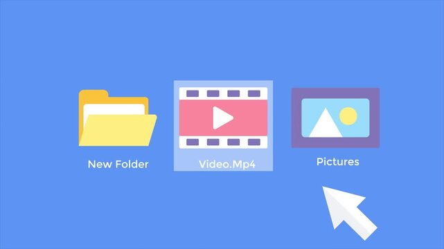 Computer animation of dragging video and picture files into a new folder for digital organization on blue background.