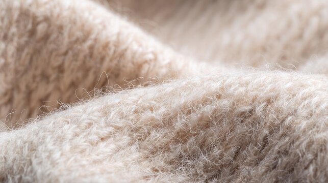Soft beige knitted wool fabric texture background close up macro details of cozy warm fluffy sweater material knitwear cloth structure with delicate fine threads fibers for textile manufacturing