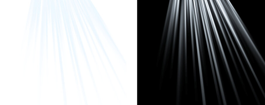 Water droplets falling down in a shower on a black background with white streaks isolated on transparent background