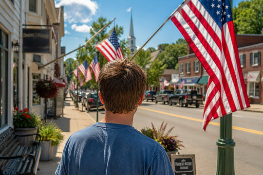 Man looks at traditional small town main street decorated with american flags on sunny day.