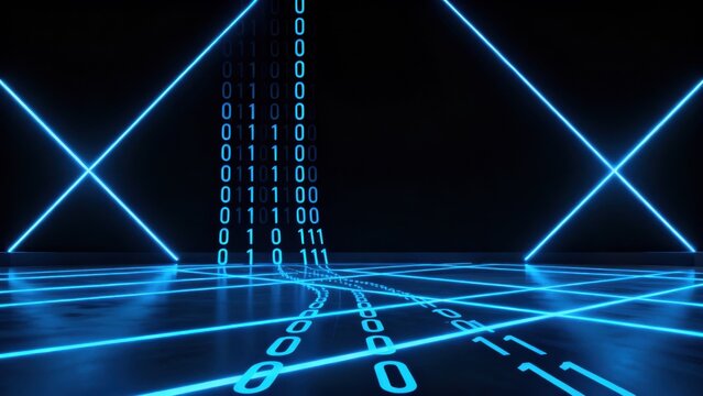 Blue neon binary code lines on dark floor