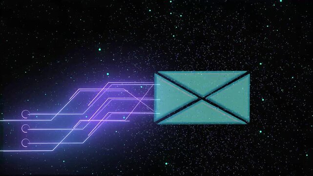 Teal envelope connected by purple lines to digital network. Modern teal envelope connected by purple lines for electronic mailing systems. Tech teal envelope connected by purple lines.
