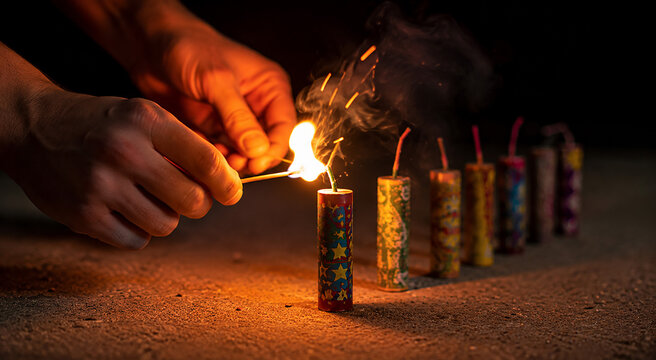 Hands light firecracker with match, row of colorful firecrackers on ground, dark background, close-up.