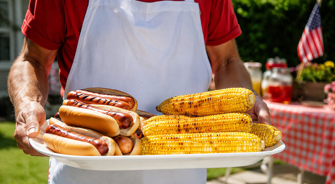 Man wearing white apron serving fresh grilled hot dogs and roasted corn at summer barbecue picnic.